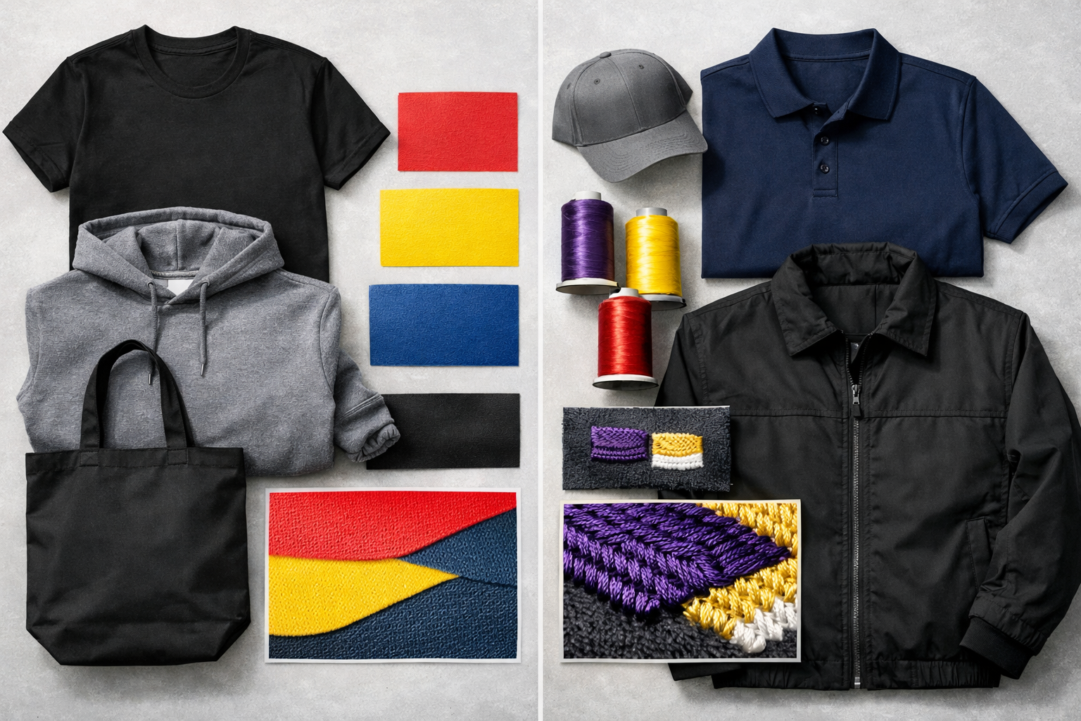 Illustrative flat lay contrasting smooth printed swatches on shirts with raised stitched details on polos and caps