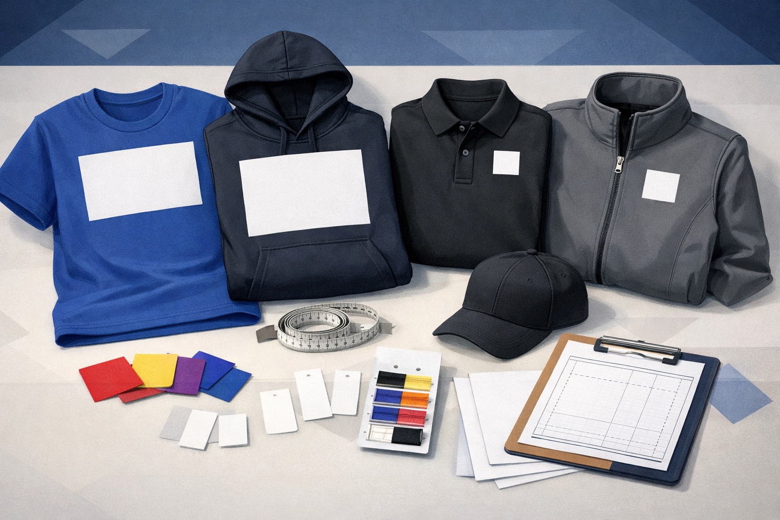 Illustrative planning layout with blank shirts, polos, jackets, cap, measuring tape, color chips, and proof materials